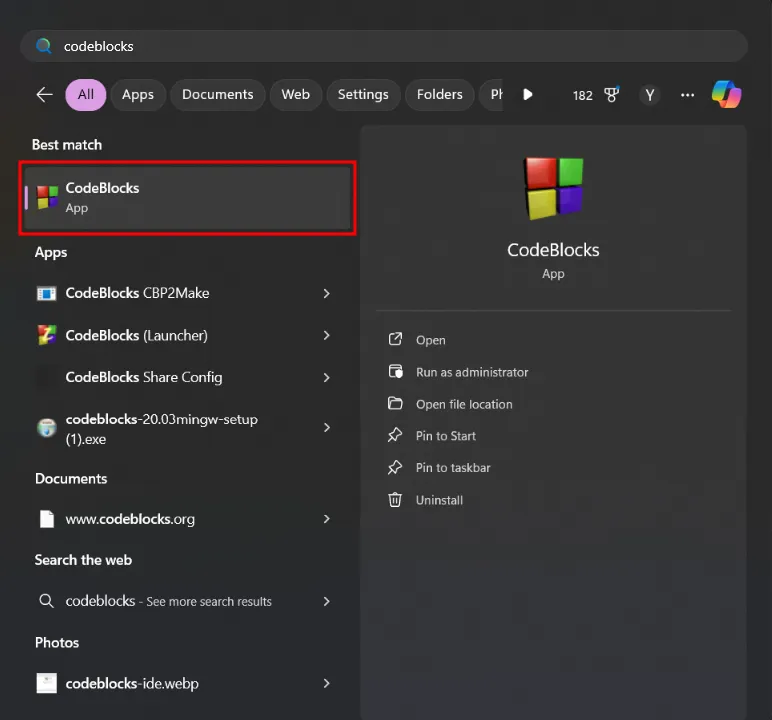 A screenshot of CodeBlocks in the Start Menu