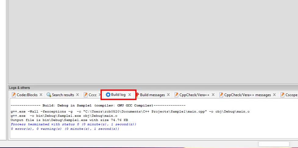 A screenshot of the Logs Window in CodeBlocks