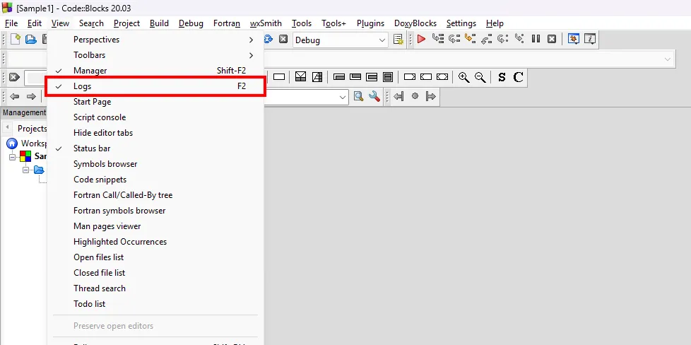 A screenshot of the View menu in CodeBlocks with Logs highlighted