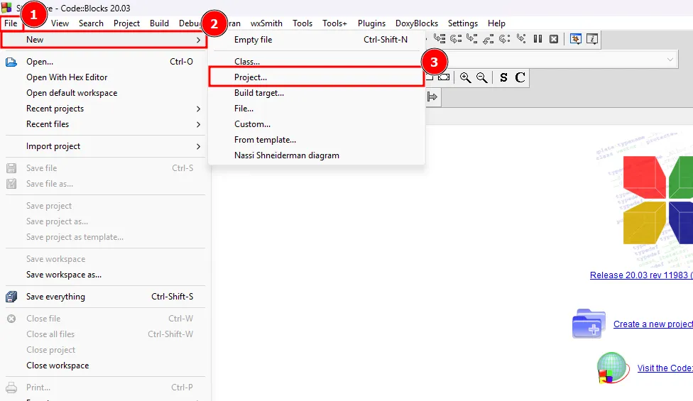 A screenshot of the File menu in CodeBlocks