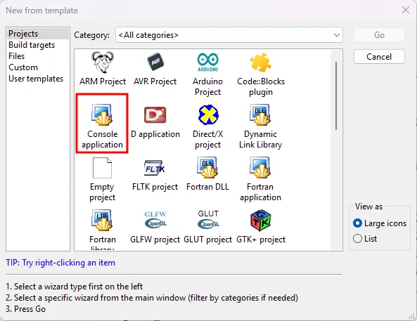 A screenshot of the Codeblocks Project Templates