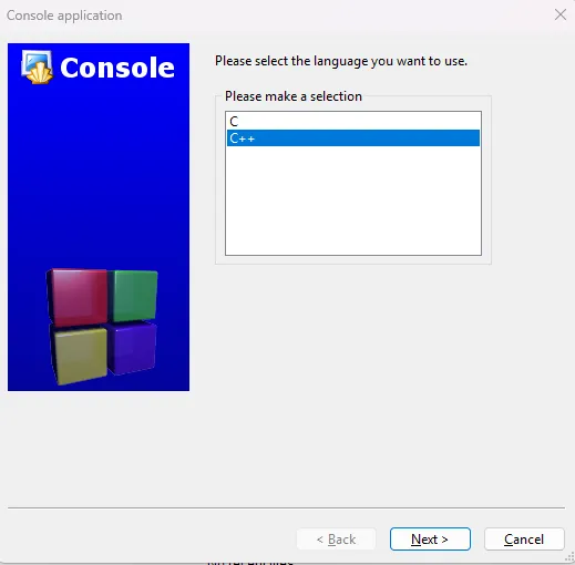 A screenshot of the Project Language Selection
