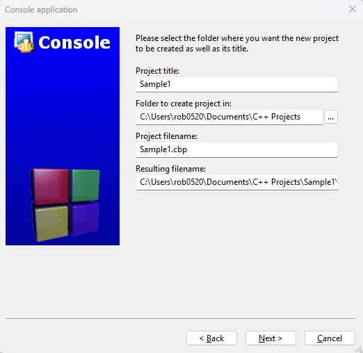 A screenshot of the Codeblocks Project Title and Location