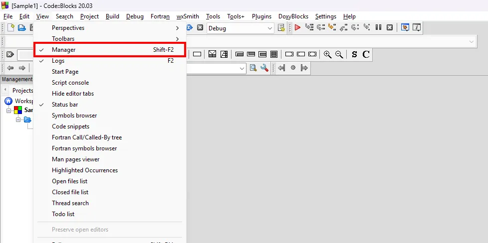 A screenshot of the View menu in CodeBlocks with Manager highlighted