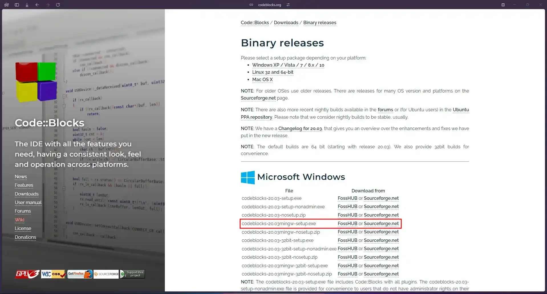 A screenshot of the which CodeBlocks installer to get