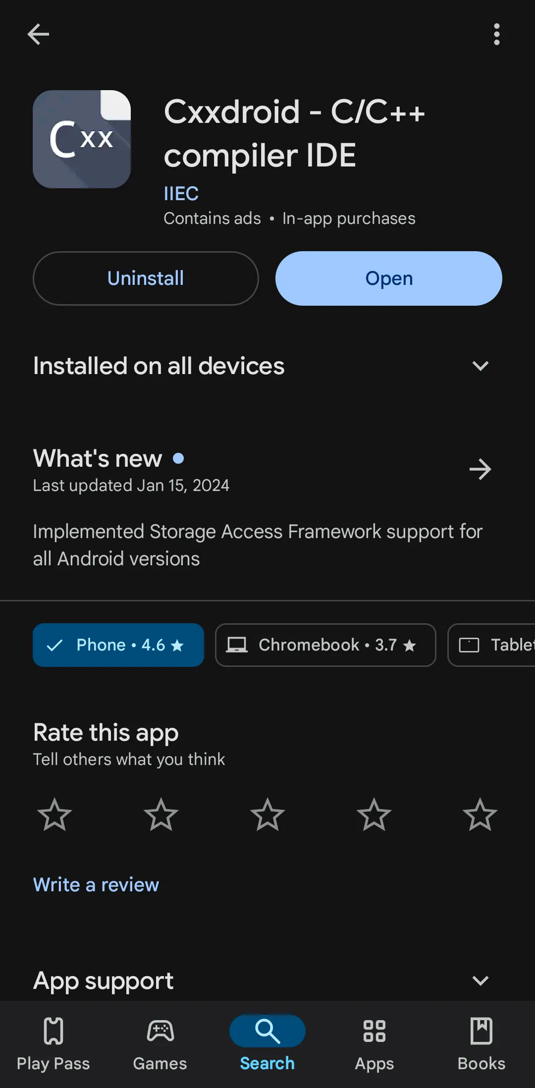 A screenshot of Cxxdroid in the Play Store