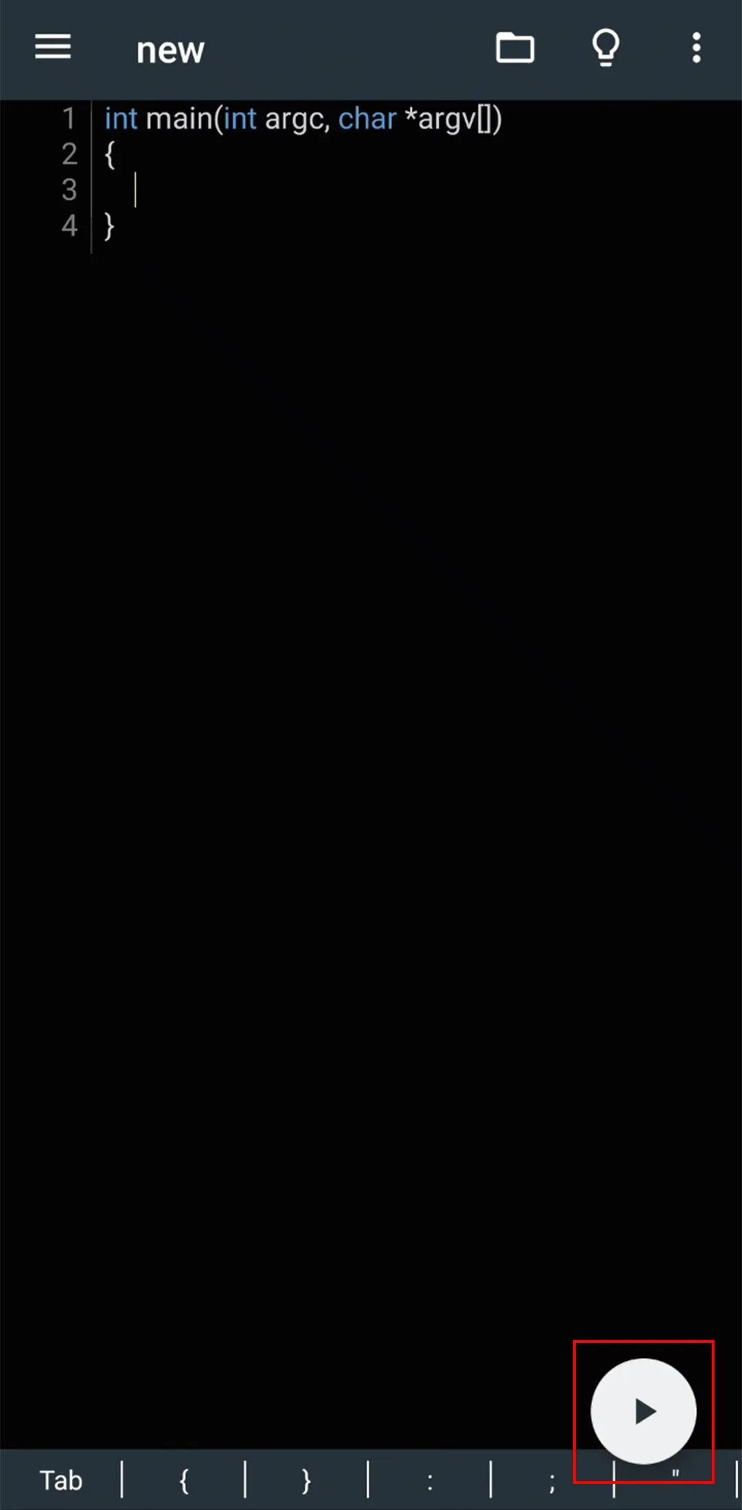 A screenshot of the Run button in Cxxdroid