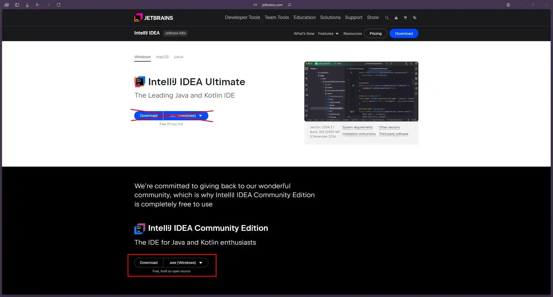A screenshot of the which IntelliJ IDEA installer to get