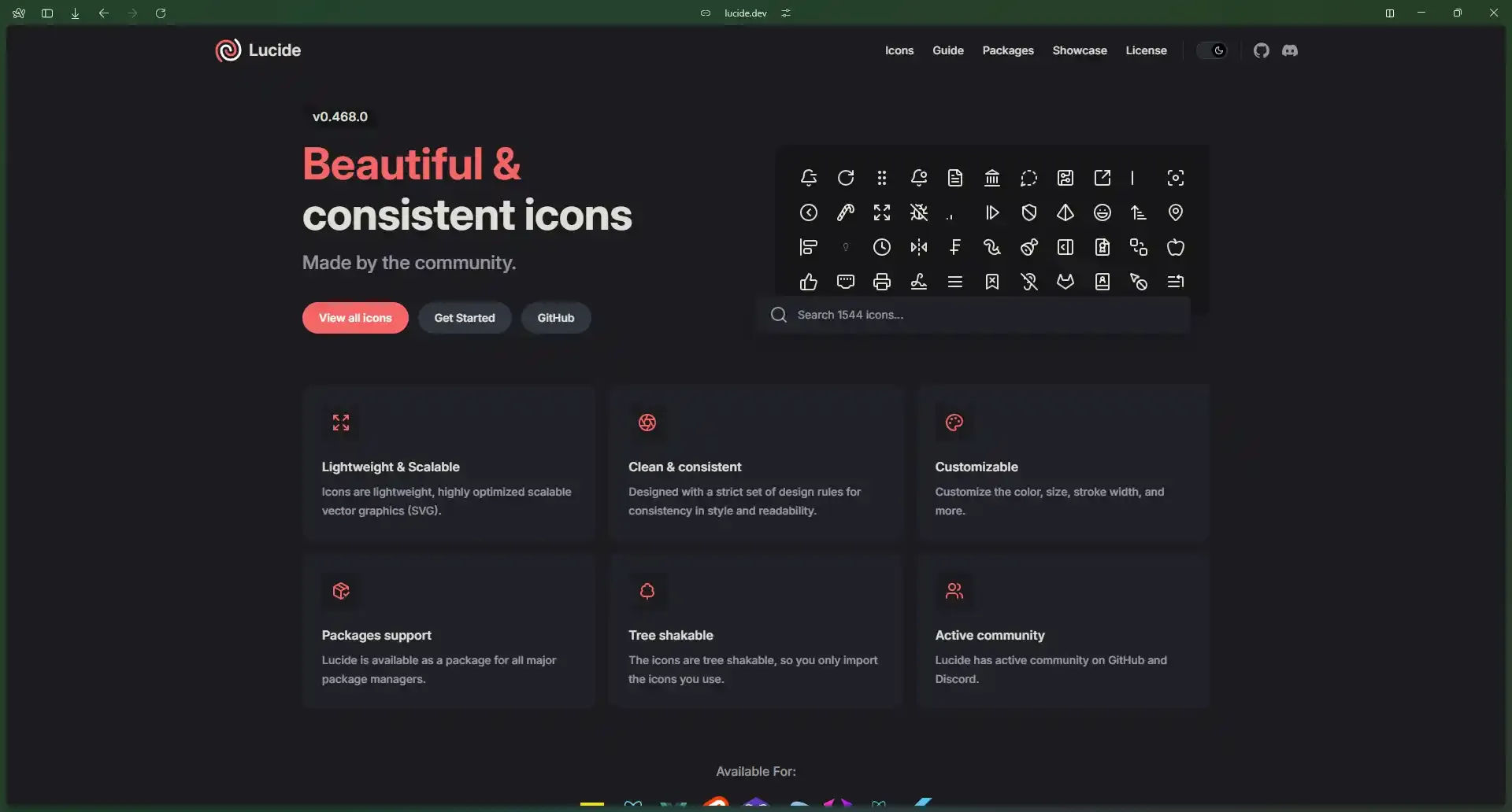 A screenshot of Lucide Icons